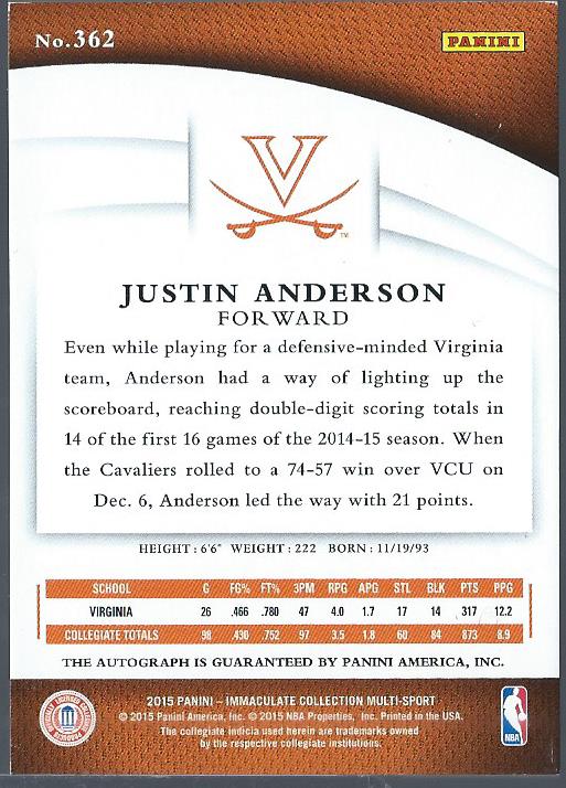 2015 Immaculate Collection Collegiate Multisport #362 Justin Anderson AU back image