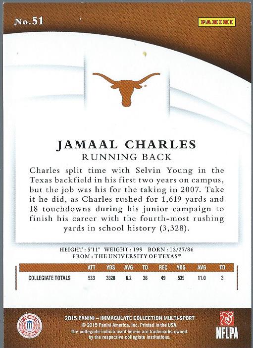 2015 Immaculate Collection Collegiate Multisport Red #51 Jamaal Charles back image