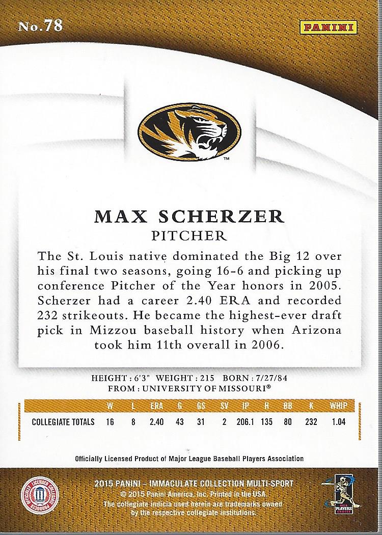 2015 Immaculate Collection Collegiate Multisport Red #78 Max Scherzer back image