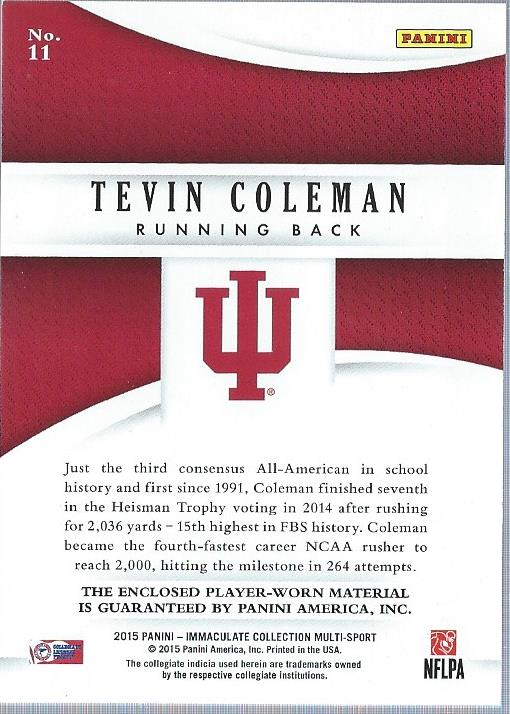 2015 Immaculate Collection Collegiate Multisport Jumbos #11 Tevin Coleman/99 back image