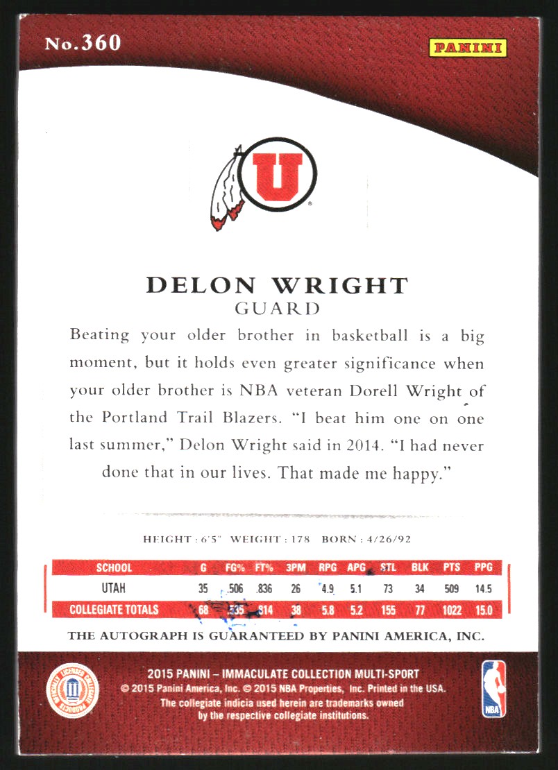 2015 Immaculate Collection Collegiate Multisport Numbers Rookie Autographs #360 Delon Wright back image