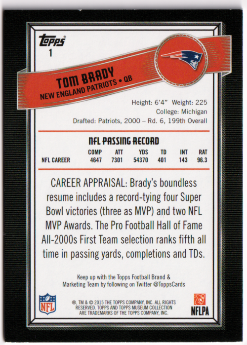 2015 Topps Museum Collection #1 Tom Brady back image