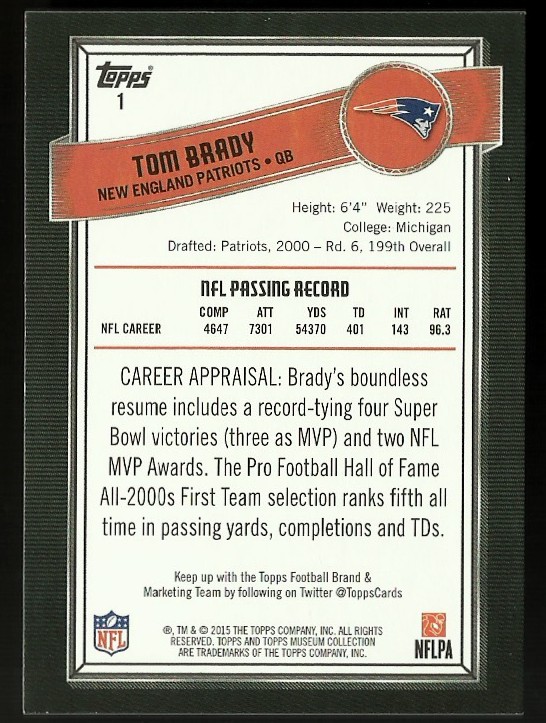 2015 Topps Museum Collection Copper #1 Tom Brady back image