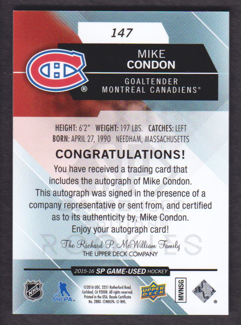 2015-16 SP Game Used Autographs Blue #147 Mike Condon E back image