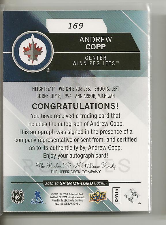 2015-16 SP Game Used Autographs Blue #169 Andrew Copp E back image