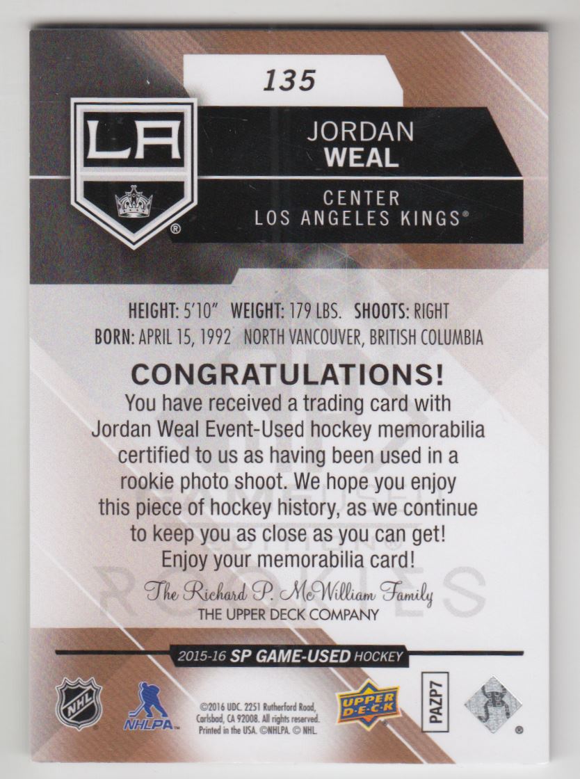 2015-16 SP Game Used Copper Jerseys #135 Jordan Weal