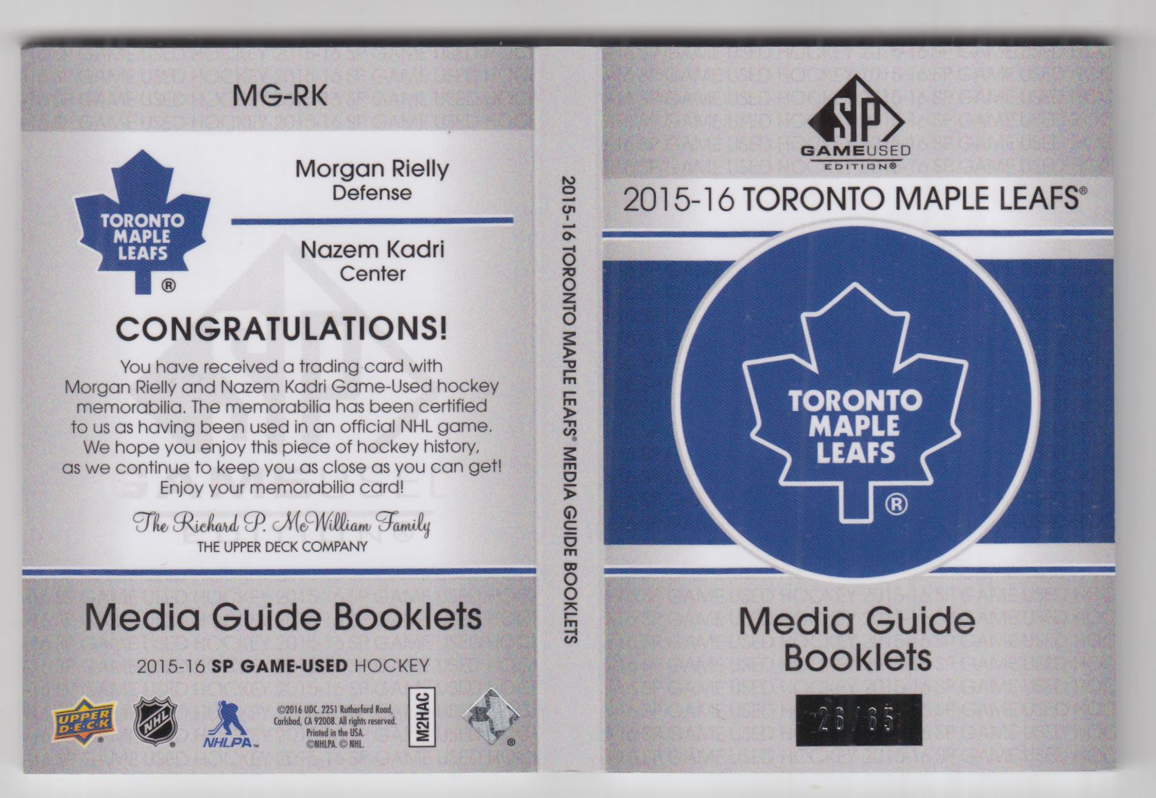 2015-16 SP Game Used Media Guide Booklets #MGRK Morgan Rielly/Nazem Kadri