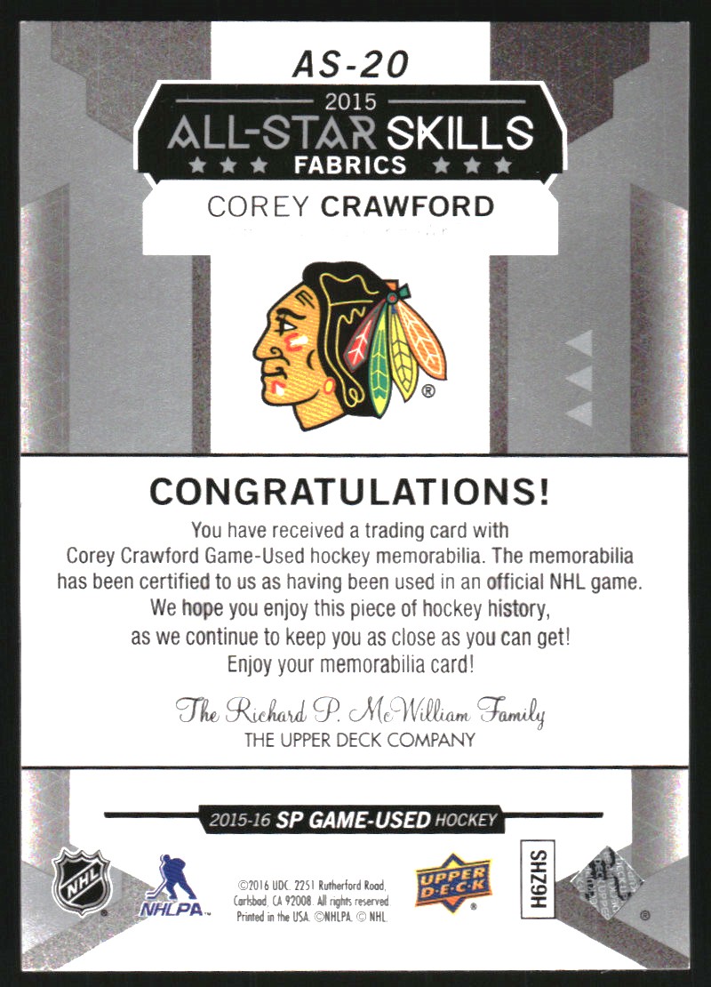 2015-16 SP Game Used All-Star Skills Fabrics #AS20 Corey Crawford E