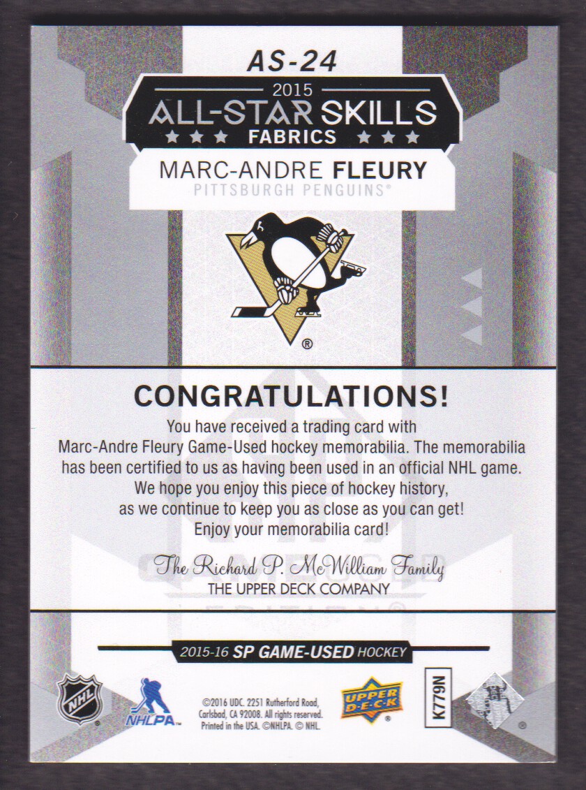 2015-16 SP Game Used All-Star Skills Fabrics #AS24 Marc-Andre Fleury E back image
