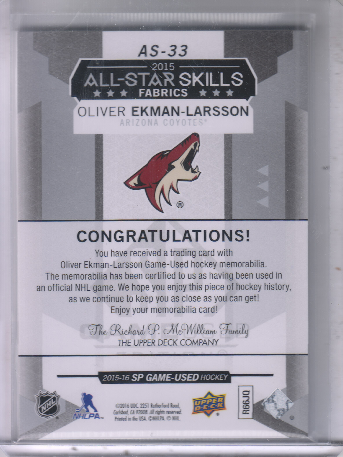 2015-16 SP Game Used All-Star Skills Fabrics #AS33 Oliver Ekman-Larsson E back image