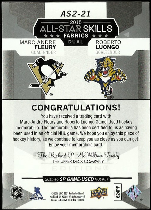2015-16 SP Game Used All-Star Skills Dual Fabrics #AS221 Marc-Andre Fleury/Roberto Luongo back image