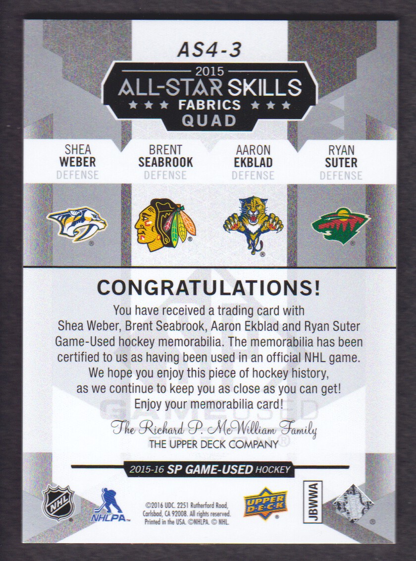 2015-16 SP Game Used All-Star Skills Quad Fabrics #AS43 Shea Weber/Brent Seabrook/Aaron Ekblad/Ryan Suter back image