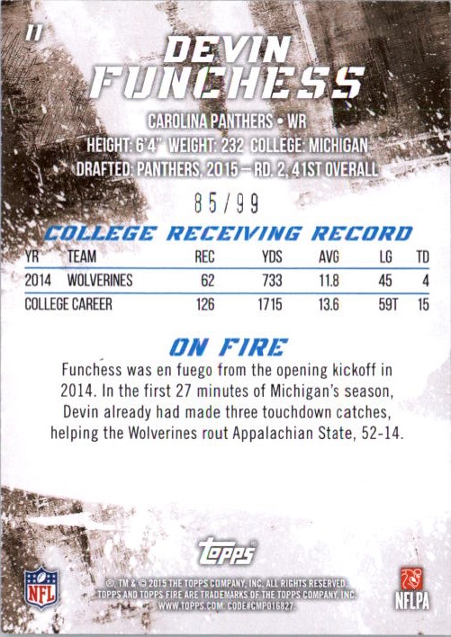2015 Topps Fire Blue #11B Devin Funchess back image