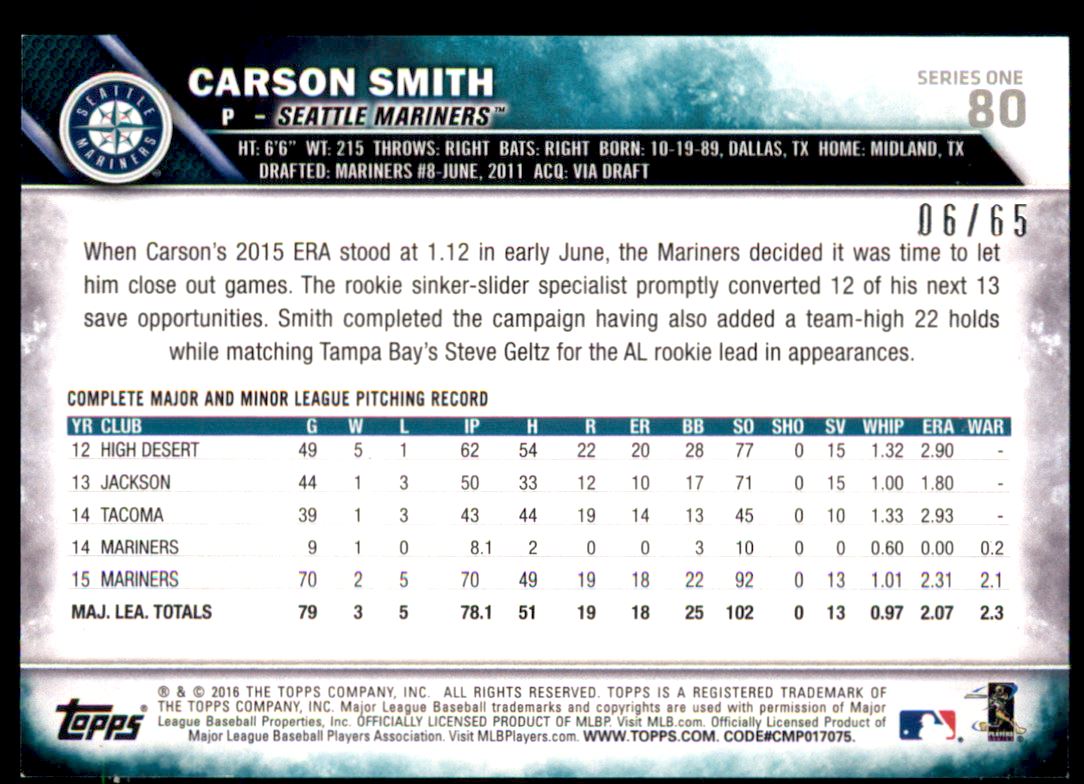 2016 Topps Black #80 Carson Smith back image