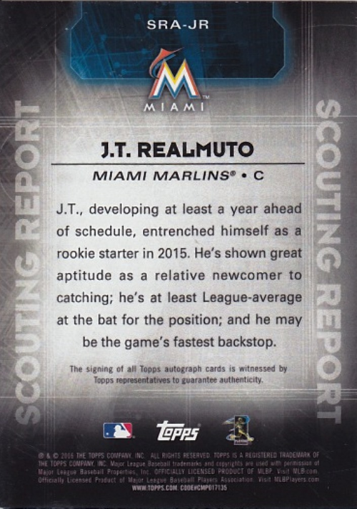 2016 Topps Scouting Report Autographs #SRAJR J.T. Realmuto back image