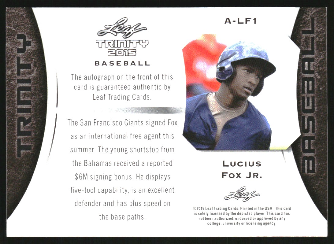 2015 Leaf Trinity #ALF1 Lucius Fox Jr. EXCH back image