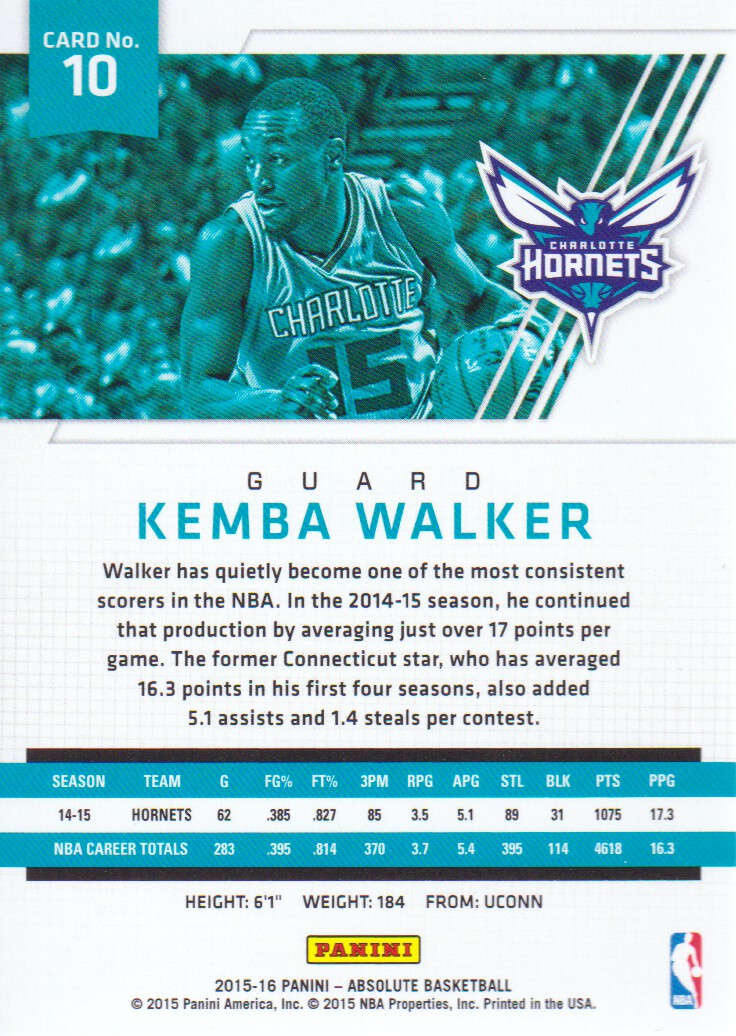2015-16 Absolute Memorabilia #10 Kemba Walker back image