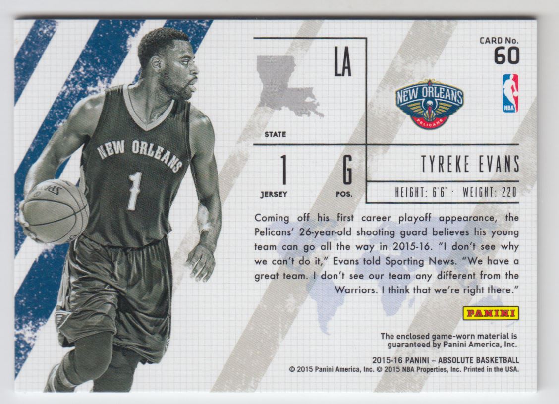 2015-16 Absolute Memorabilia Frequent Flyer Materials #60 Tyreke Evans back image