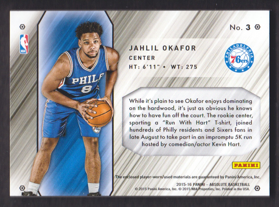 2015-16 Absolute Memorabilia Tools of the Trade Rookie Materials Six #3 Jahlil Okafor back image