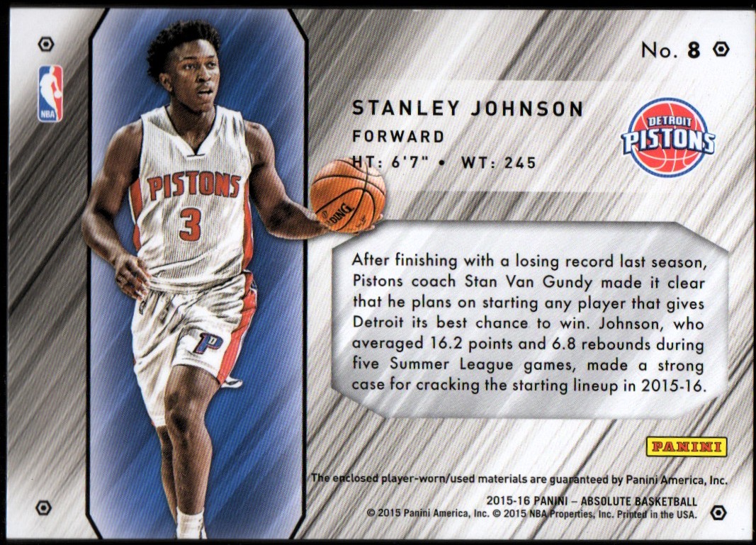2015-16 Absolute Memorabilia Tools of the Trade Rookie Materials Six #8 Stanley Johnson back image