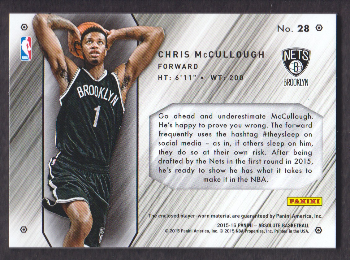 2015-16 Absolute Memorabilia Tools of the Trade Rookie Materials Jumbo Patch #28 Chris McCullough back image