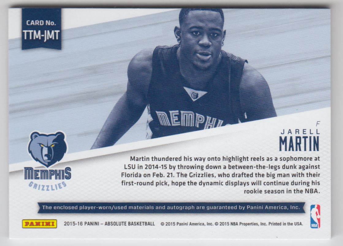2015-16 Absolute Memorabilia Tools of the Trade Rookie Autograph Materials #TTJJM Jarell Martin