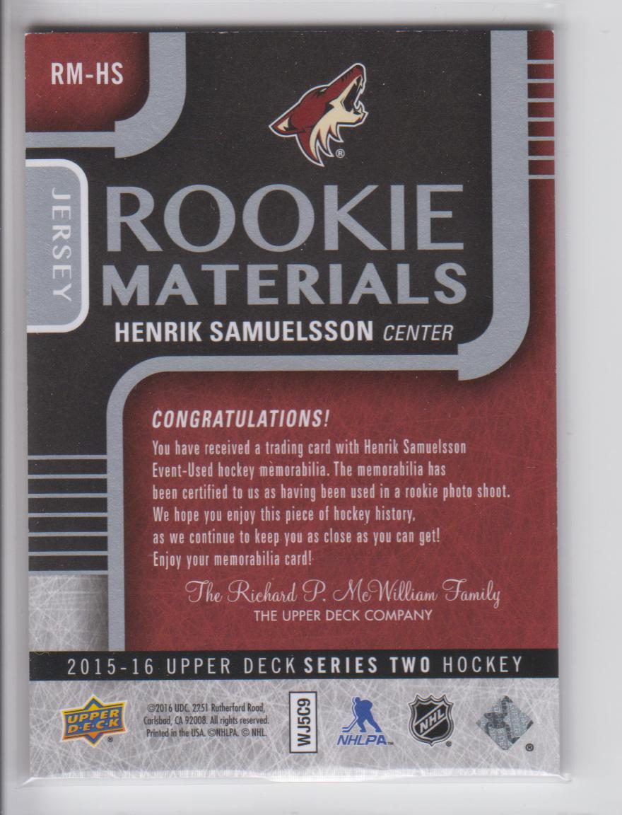 2015-16 Upper Deck Rookie Materials #RMHS Henrik Samuelsson D back image