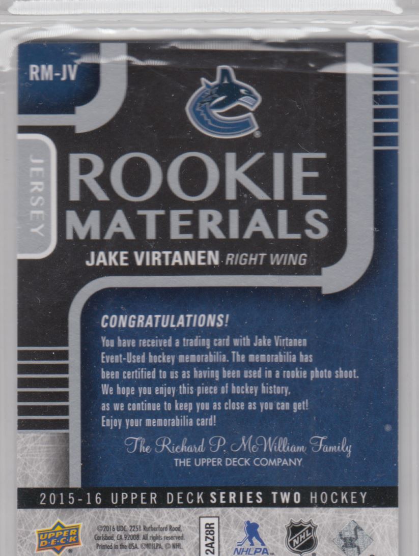 2015-16 Upper Deck Rookie Materials #RMJV Jake Virtanen C back image