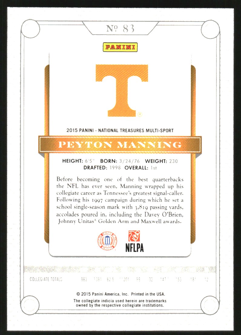 2015 Panini National Treasures Collegiate Multisport #83 Peyton Manning back image