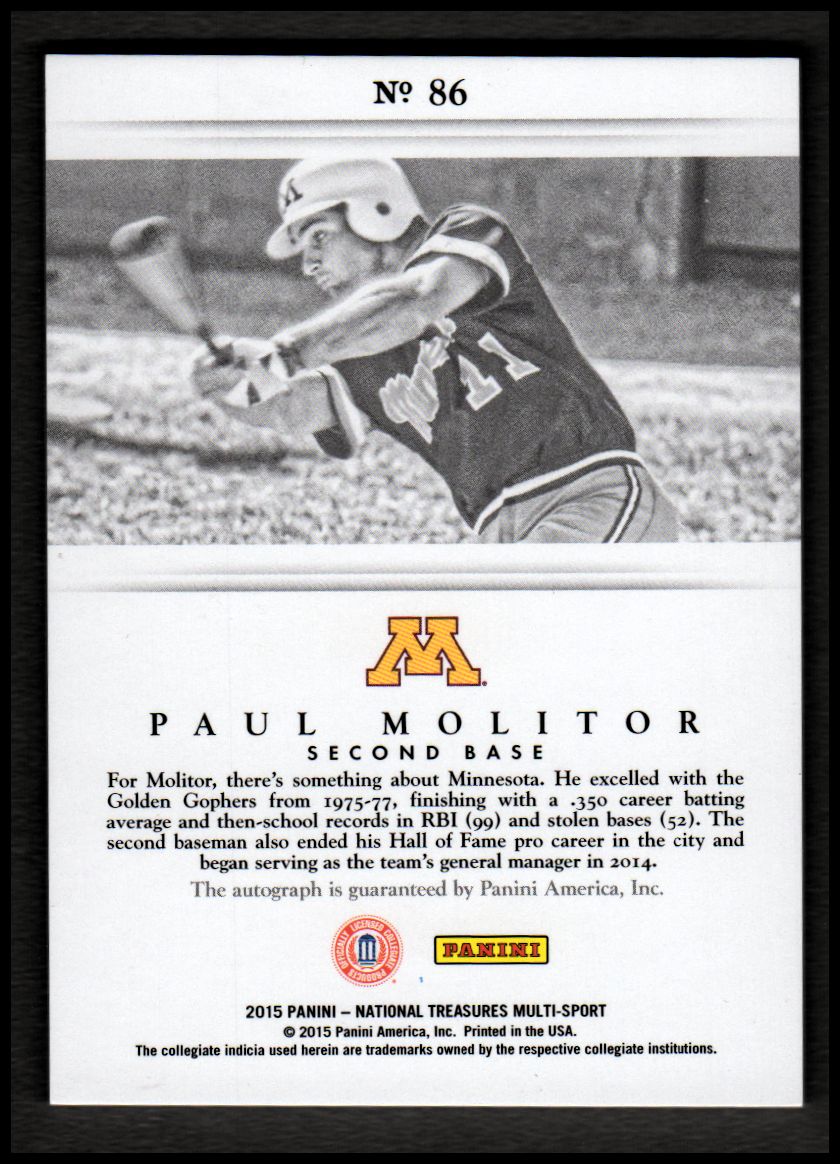2015 Panini National Treasures Collegiate Multisport Signatures #86 Paul Molitor back image