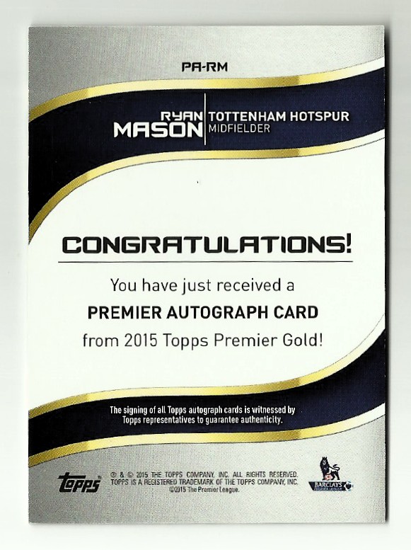 2015-16 Topps English Premier League Gold Premier Autographs #PARM Ryan Mason back image
