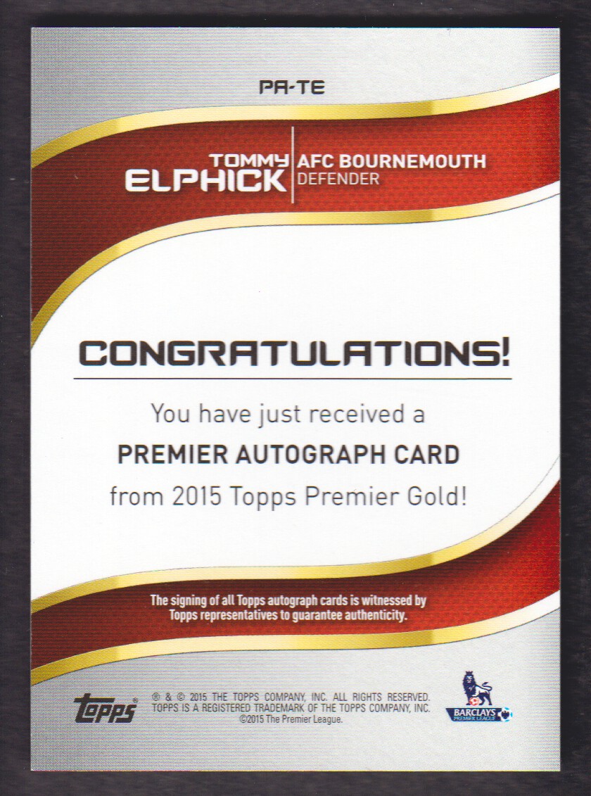 2015-16 Topps English Premier League Gold Premier Autographs #PATE Tommy Elphick back image