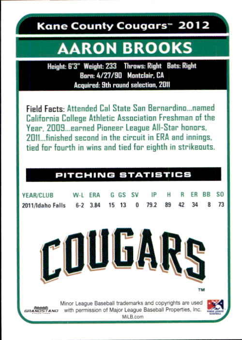 2012 Kane County Cougars Grandstand #5 Aaron Brooks back image