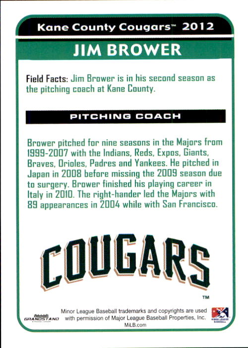2012 Kane County Cougars Grandstand #6 Jim Brower CO back image