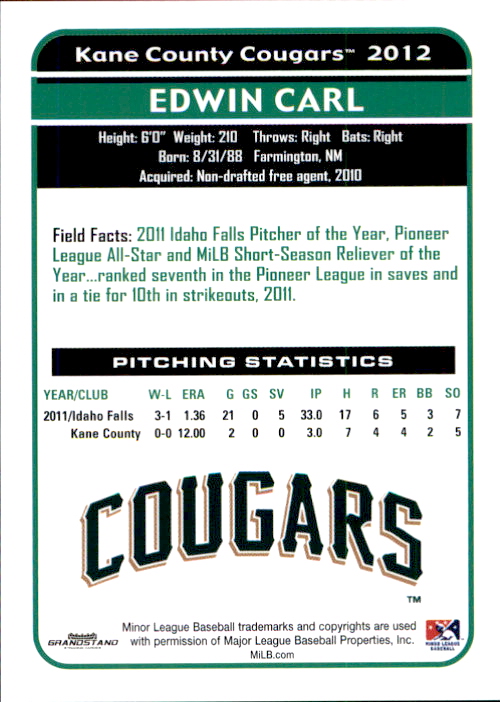 2012 Kane County Cougars Grandstand #10 Edwin Carl back image