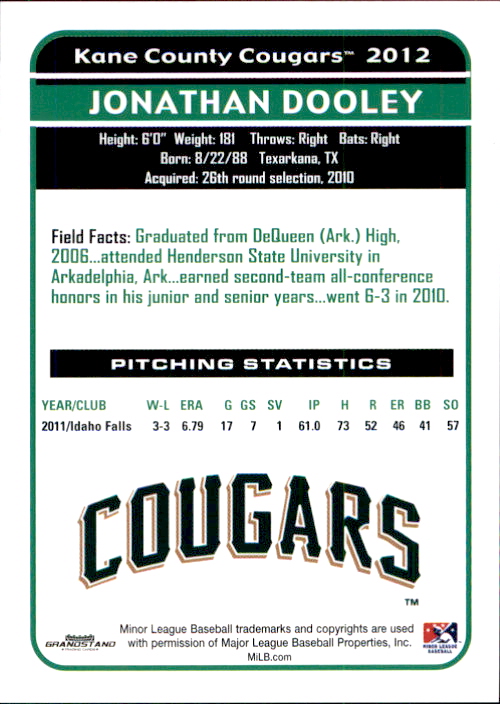 2012 Kane County Cougars Grandstand #13 Jonathan Dooley back image