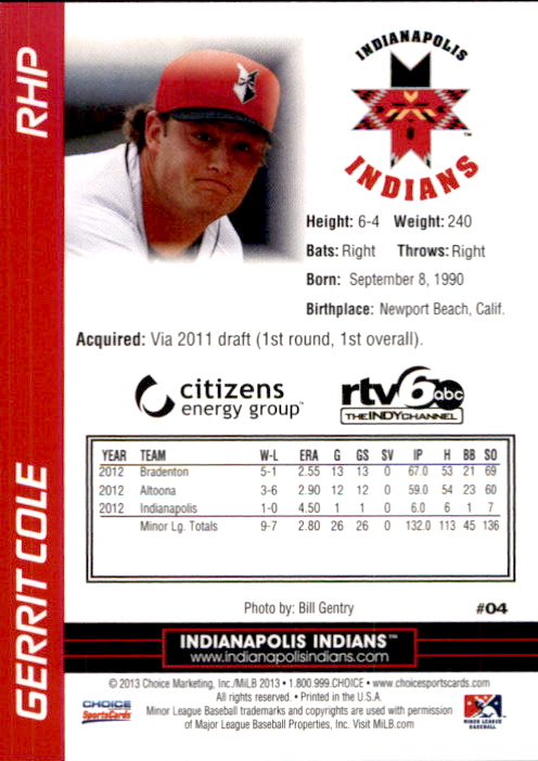 2013 Indianapolis Indians Choice #4 Gerrit Cole back image