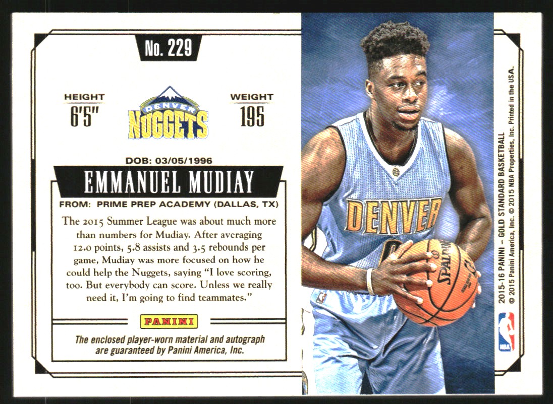 2015-16 Panini Gold Standard #229 Emmanuel Mudiay JSY AU/199 RC