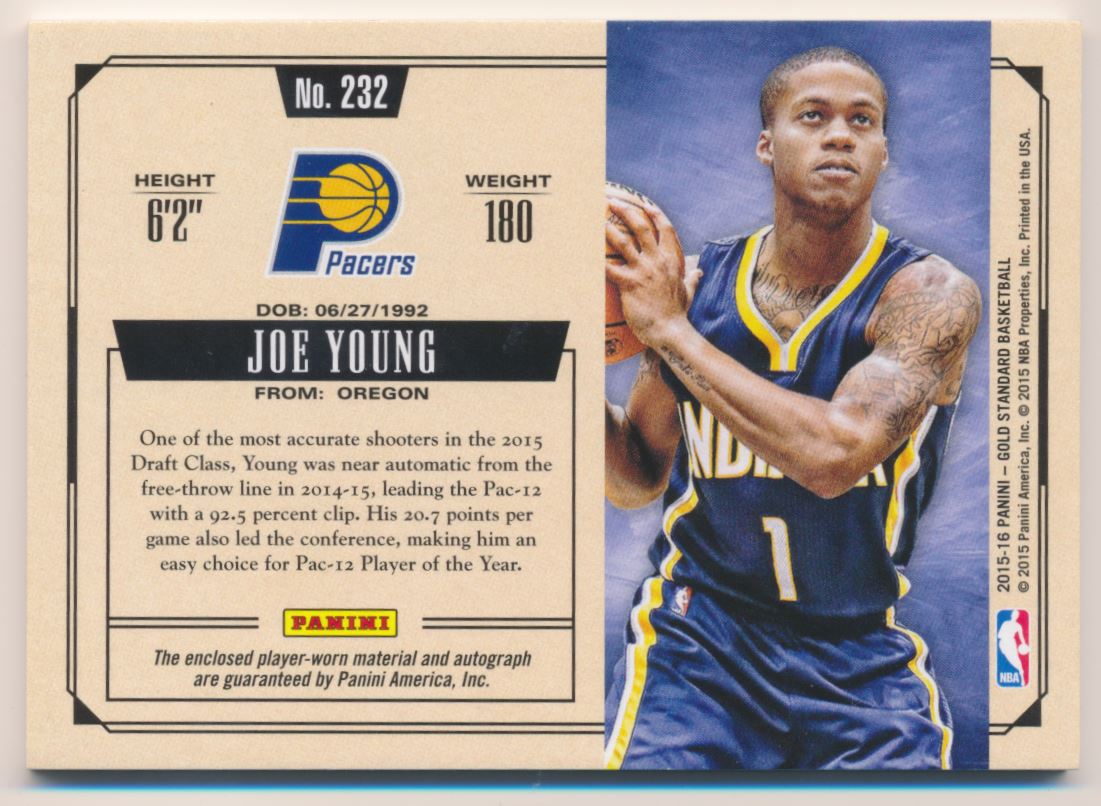 2015-16 Panini Gold Standard #232 Joe Young JSY AU/199 RC
