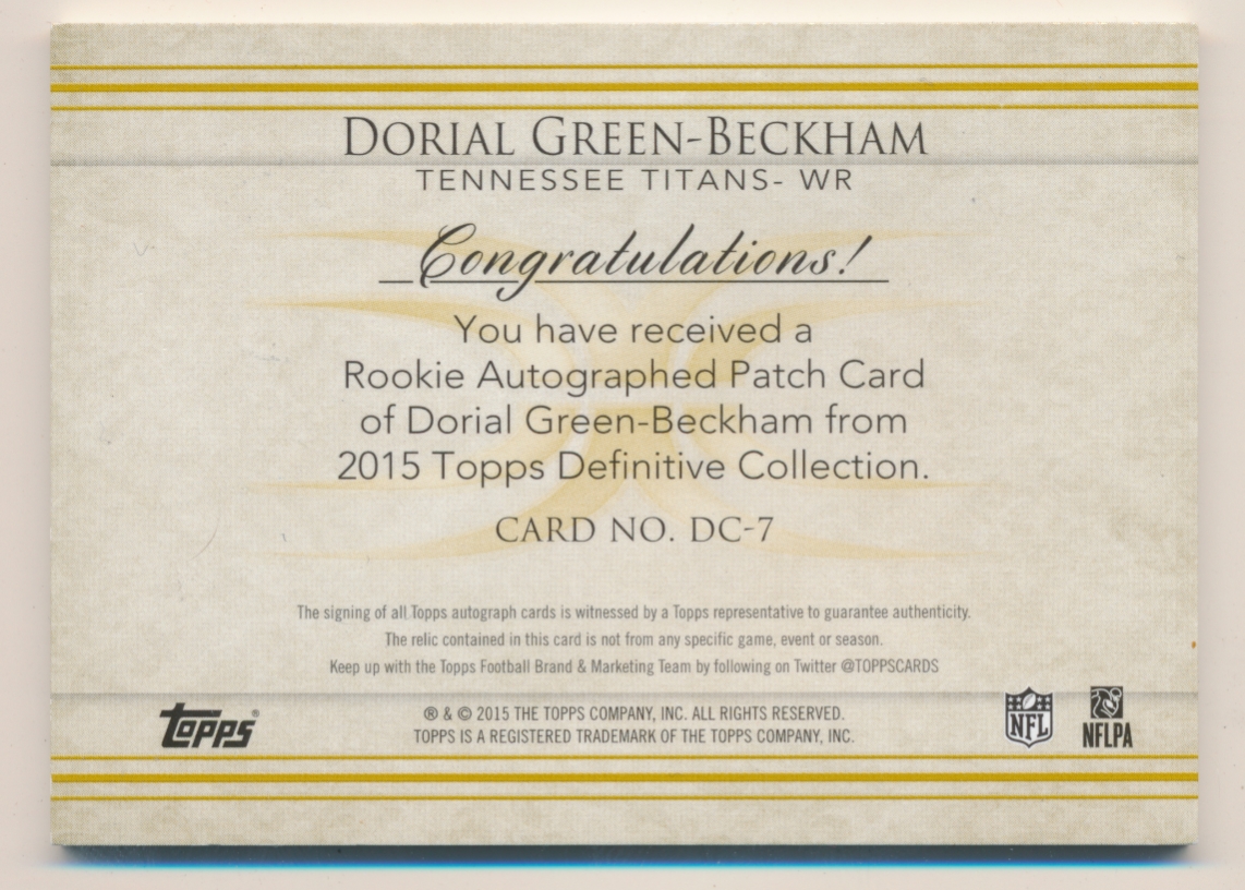 2015 Topps Definitive Collection #DC7 Dorial Green-Beckham JSY AU RC EXCH back image