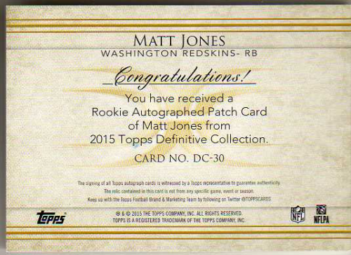 2015 Topps Definitive Collection #DC30 Matt Jones JSY AU RC back image