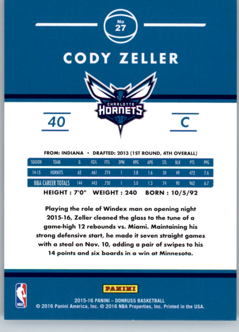 2015-16 Donruss Holo #27 Cody Zeller back image