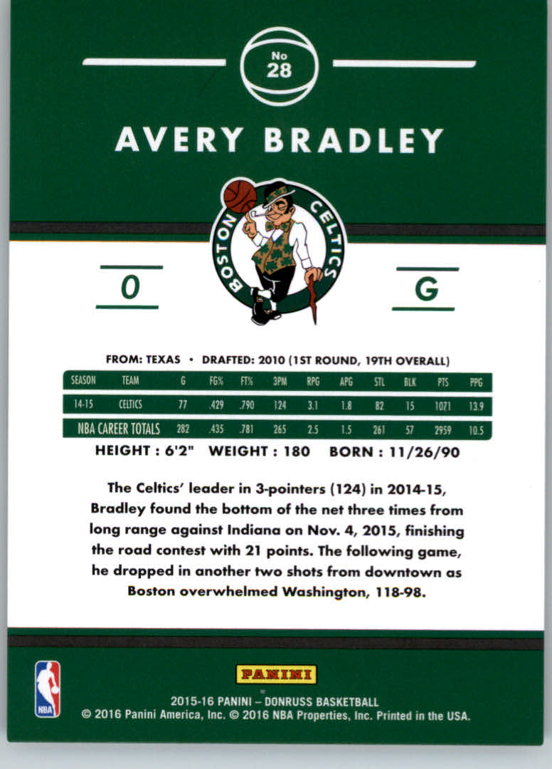 2015-16 Donruss Holo #28 Avery Bradley back image