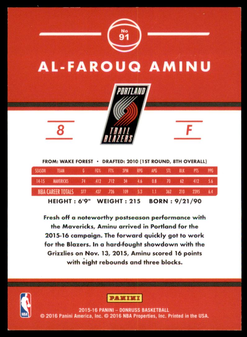 2015-16 Donruss Holo #91 Al-Farouq Aminu back image