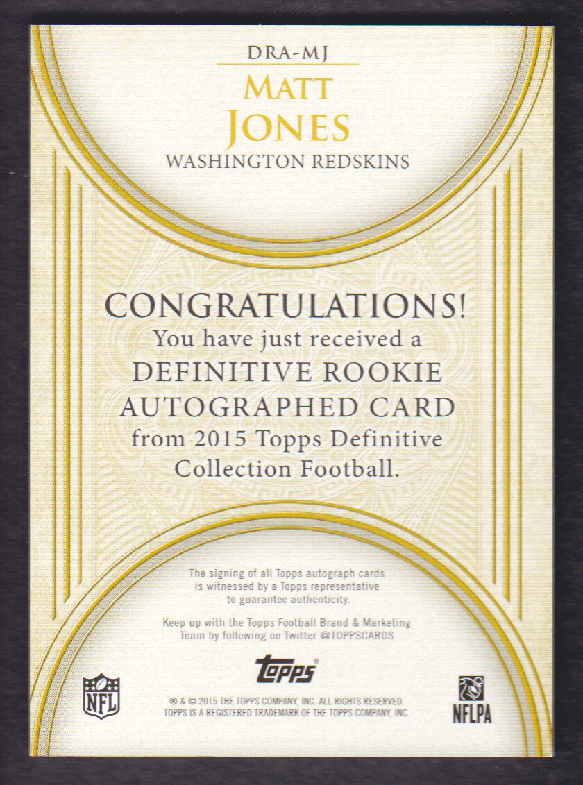 2015 Topps Definitive Collection Rookie Autographs #DRAMJ Matt Jones/99 back image