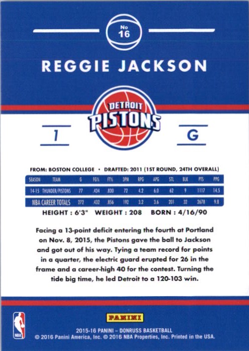 2015-16 Donruss Assists #16 Reggie Jackson/60 back image