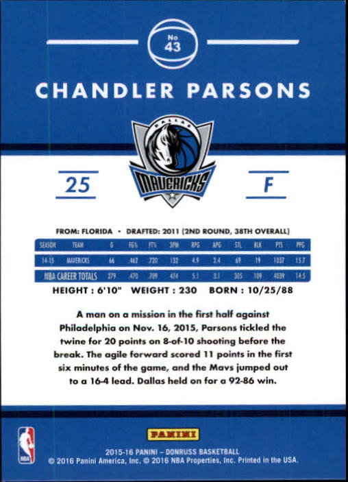 2015-16 Donruss Points #43 Chandler Parsons/157 back image