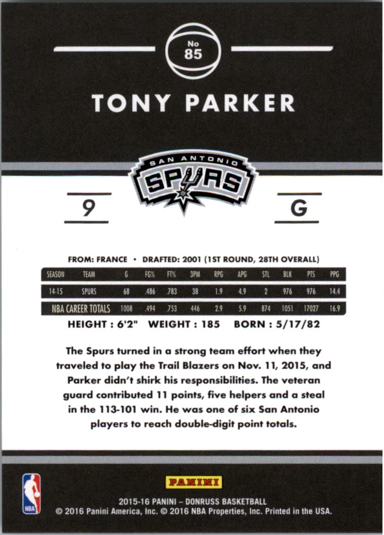 2015-16 Donruss Points #85 Tony Parker/144 back image