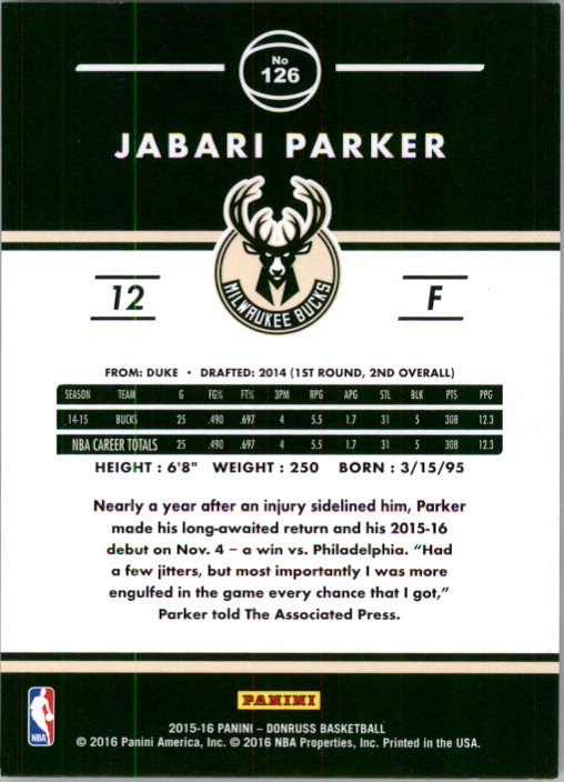 2015-16 Donruss Points #126 Jabari Parker/123 back image