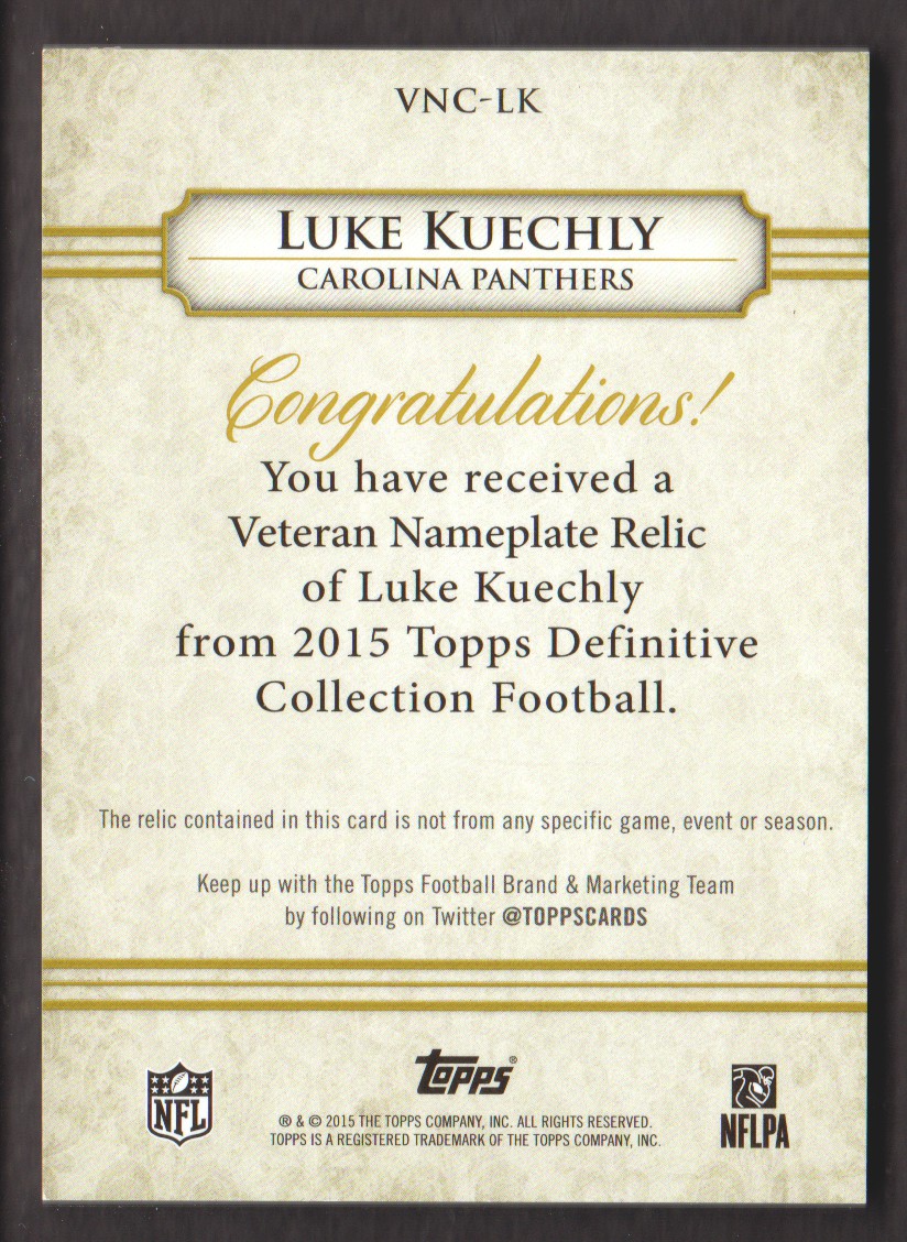 2015 Topps Definitive Collection Veteran Nameplate Collection #VNCLK Luke Kuechly back image